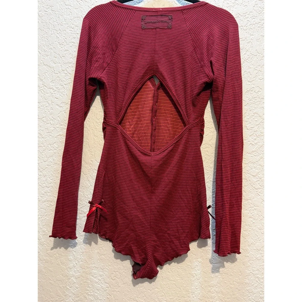 Savage X Fenty Ribbed Long Sleeve Teddy Size M Burgundy Stripe Loungewear